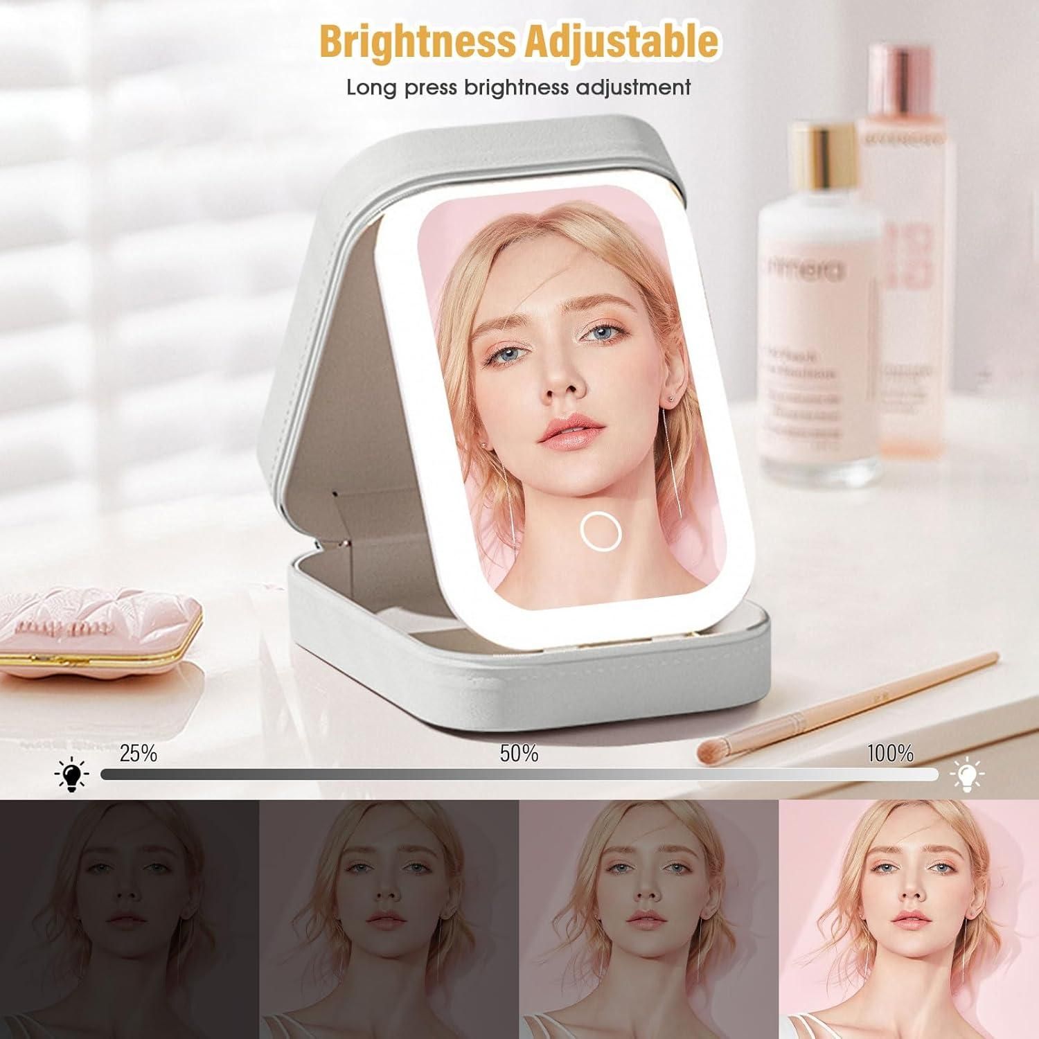 White Leather Jewelry Box with LED Mirror – Elegant & Travel-Friendly