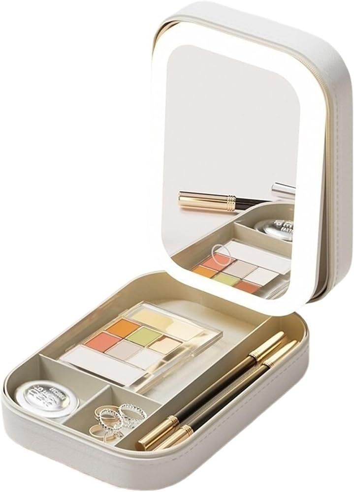 White Leather Jewelry Box with LED Mirror – Elegant & Travel-Friendly